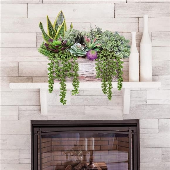 14 Pcs Assorted Artificial Succulents Fake Plants in Rectangular Wooden Pots - Picture 2 of 6